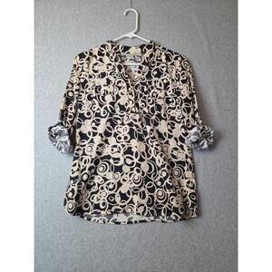 David Brooks Linen Rayon Black Geometric RTS Popover V Neck Blouse Women's Med